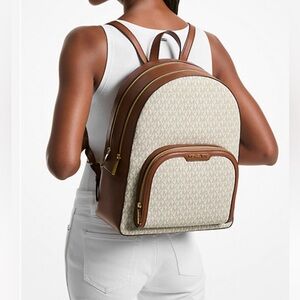 MICHAEL KORS JAYCEE LARGE ZIP POCKET BACKPACK BAG TOTE MK VANILLA LOGO LEATHER